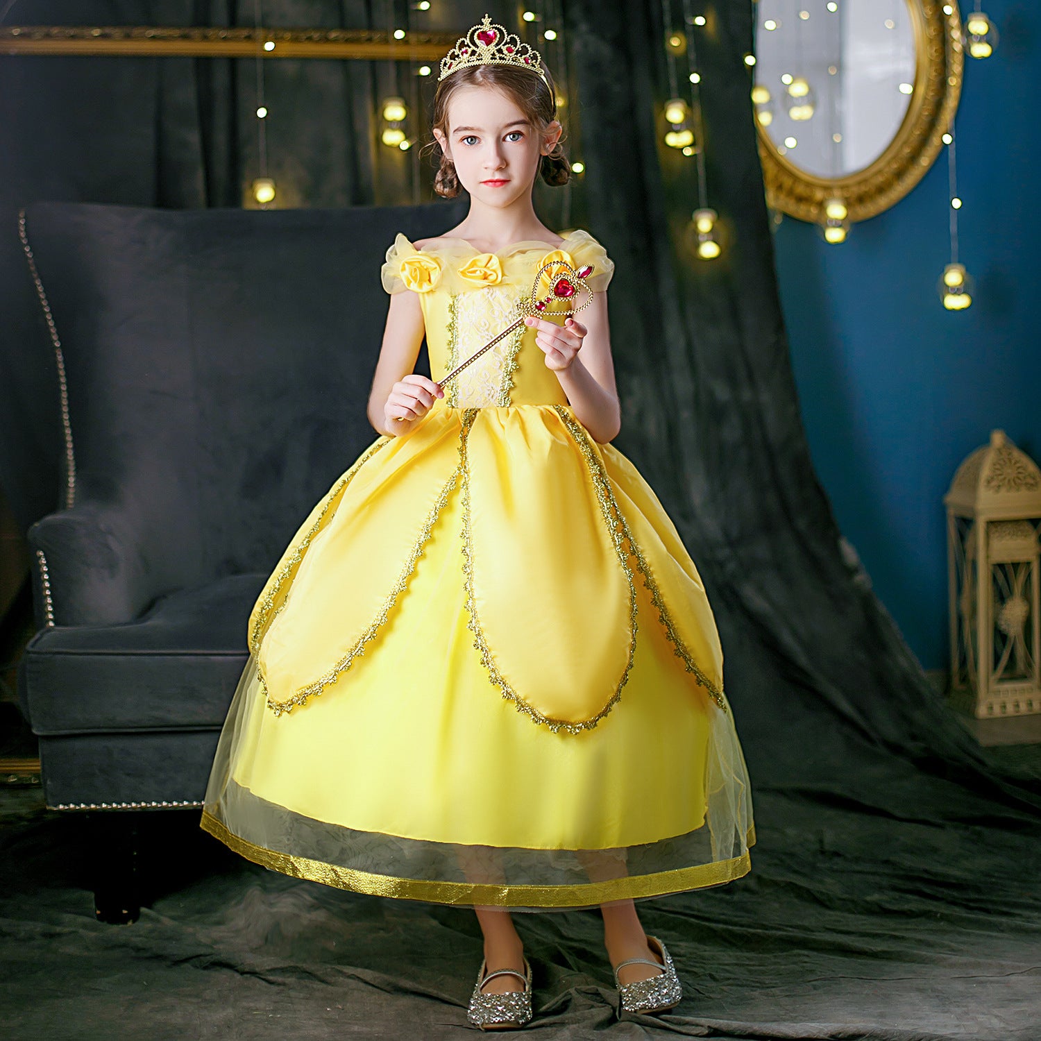 Beauty And The Beast Cartoon Belle Cosplay Princess Yellow Dress Kids ...